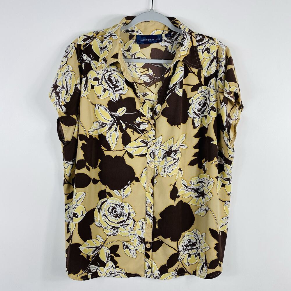 Susan Graver Top 1X Button Blouse Floral Short Sleeve Yellow Brown Top Shirt